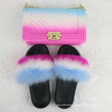Fluffy Women Fur Slippers Set-Handbag Furry Real Fox Fur Slides Shoes Rainbow Colorful Jelly Shoulder Bag Candy Crossbody Purse